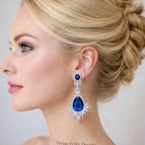 Blue Wedding Earrings SAPPHIRE BLUE CZ Bridal STATEMENT Mother of the Bride